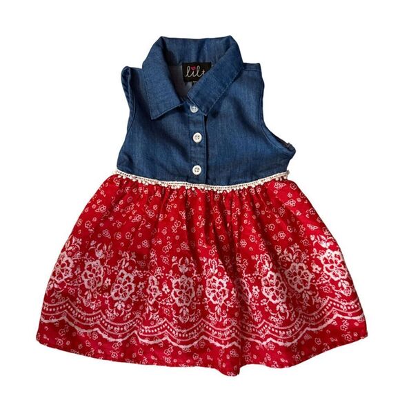 Lilt Denim & Red Floral Collard Dress | Size 6/9M - Picture 2 of 4